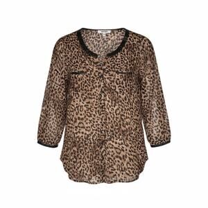Daniel Rainn Leopard Print Blouse XL Gold Black Leather Trim 3/4 Sleeve Cheetah
